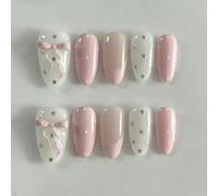 10 pièces d'autocollants d'ongles roses en forme d'amande faits à la main, avec un contraste rose et blanc, décorés de nœuds, d'étoiles et de motifs à pois, mignons et délicats, convenant aux femmes e