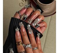 10 pièces d'autocollants pour ongles carrés de style Y2K faits à la main pour le printemps et l'été, en nude et noir avec des éléments de French tip, cristal, serpent, fleur, planète et étoile. Convie