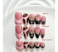 10 pièces de faux ongles à coller de style romantique faits à la main, ensemble d'ongles en polygel, motifs floraux, croix et larme, vernis à ongles noir et rose, style mature, outils pour ongles incl