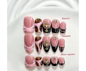 10 pièces de faux ongles à coller de style romantique faits à la main, ensemble d'ongles en polygel, motifs floraux, croix et larme, vernis à ongles noir et rose, style mature, outils pour ongles incl