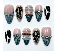 10 pièces de faux ongles à coller en forme d'amande faits à la main, imprimé marbre fluide bleu gris vintage Maillard, nid d'abeille, léopard, blocs de couleurs, chaîne métallique, cadre doré, strass,