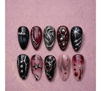 10 pièces de faux ongles à coller faits main en forme d'amande longue, schéma de couleurs rouge noir rose, style sombre Y2K, lignes métalliques 3D, étoiles, flammes, strass, sous-culture, hot girl, fe