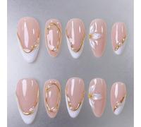 10 pièces de faux ongles à coller faits main, ongles courts, style manucure française, forme amande, or, rose, blanc, design mignon pour le Nouvel An, style élégant et luxueux, fleur blanche à trois p