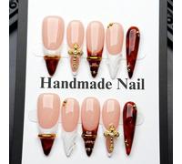10 pièces de faux ongles à coller faits main, pointus, ton nude avec style français blanc, dégradé écaille de tortue, symbole croix & décoration boule d'acier, pointes d'ongles en acrylique résistante