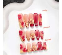 10 pièces de faux ongles à coller faits main style vacances tropicales, ensemble d'ongles en polygel, fleurs 3D, rayures, strass, vernis à ongles jaune et rouge, style doux, inclut les outils pour ong