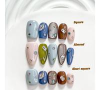 10 pièces de faux ongles adhésifs de style minimaliste faits à la main, ensemble d'ongles en polygel, avec des strass colorés et asymétriques, vernis à ongles marron, bleu et vert, style vibrant, comp