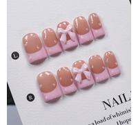 10 pièces de faux ongles carrés courts à coller faits main avec outils de manucure, rose nude contrasté, rose cerisier, style French nails décorés de nœuds 3D et perles, brillants, adaptés aux rendez-