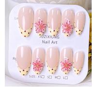 10 pièces de faux ongles courts faits à la main, design de forme d'amande française, base rose nude, ongles jaune crème, pois rouges, pois de bout de manucure française blanche, décoration de nœud noi