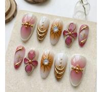 10 pièces de faux ongles en forme d'amande de longueur moyenne à longue, style Y2K, faits à la main, autocollants pour ongles de style bohème avec opale, soleil et fleurs magenta, ensemble de fournitu