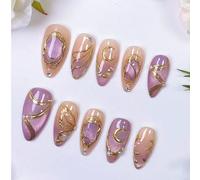 10 pièces de faux ongles en forme d'amande faits à la main, violet rêveur œil de chat avec ligne dorée. Conçus avec une base d'ongle nude et un fond violet œil de chat, décorés de lignes dorées peinte