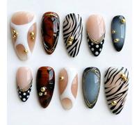 10 pièces de faux ongles faits main de forme amande moyen-long, avec design de zèbre africain, de carapace de tortue et de pois à bout français, charms d'art pour ongles en métal, ensemble d'art pour 