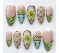 10 pièces de faux ongles faits main de forme amande moyenne, autocollants d'ongles français avec tourbillon vert 3D et bordure dorée, avec décorations d'ongles, ensemble d'ongles amovibles et réutilis