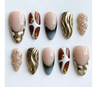10 pièces de faux ongles faits main pressés de forme amande mi-longs, style Y2K avec imprimé vache doré dégradé et pointe française, ensemble d'ongles amovibles et réutilisables (inclut colle gel et l