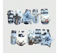 10 pièces de faux ongles gris Y2K Millennial Babes, pentagramme kawaii, expression de chat mignonne, pois rétro, rayures pop art, série Mine, production de masse, pur fait main, série Sun Note Pill, s