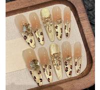 10 pièces de faux ongles longs et pointus faits à la main, imprimé léopard doré, effet œil de chat français, carrés, en forme de diamant, en forme de larme, décorés de strass, style premium, convenant