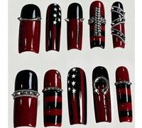 10 pièces de manucure style punk avec rivets, manucure faite à la main de haute qualité avec contraste noir et rouge, manucure rétro à rayures et étoiles en forme de cercueil GéométriqueABS,Gelée