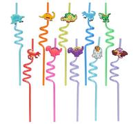 10 Pièces de Pailles Réutilisables en Forme de Dinosaure, Pailles de Fête Amusantes en Forme de Dinosaure pour Enfants, Pailles Bouclées pour Décorations de Fête