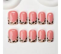 10 pièces de pointes d'ongles carrées faites à la main, style Y2K Baddie, couleurs nude et marron avec des French tips et un imprimé léopard. Convient aux femmes et aux filles. Ongles pailletés pour l