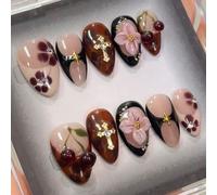 10 pièces Décorations d'ongles Vintage Y2K élégantes, fleurs peintes à la main, écaille de tortue 3D, bourgeon de cerisier bordeaux, pétales dorés, forme amande courte. Accessoires de manucure artisan