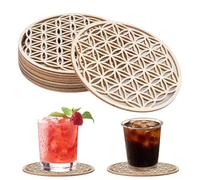 10 Pièces Dessous de Verre Bois, 10 x 10 cm Fleur de Vie en Bois, sous Verre Fleur de Vie, Dessous de Verre Bois Rond, sous-Verres en Bois de Bouleau pour Boissons, Café, Décoration Maison