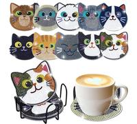 10 Pièces Diamond Painting Dessous de Verre avec Support, 5D Peinture Diamant,Chat Acrylique Coaster Kit avec Support,Kit Diamond Paint Dessous de Verre,Enfants Cadeau,DIY