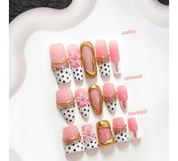 10 pièces d'ongles à coller élégants faits à la main, ensemble d'art des ongles en polygel, design de fleur à cinq pétales, couleur rose & blanc, style premium, comprend des outils pour les ongles, 3 