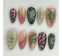 10 pièces d'ongles à coller en forme d'amande, faux ongles avec imprimé de dégradé rose d'aile de papillon et texture holographique d'aurore, design de pierre précieuse opale émeraude et ligne dorée,