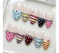10 pièces d'ongles à coller faits à la main en forme d'amande, ongles faux multicolores bonbon gelée nude, rayures horizontales à pois, tube métallique argenté, strass, mini étoile charm, embouts d'on