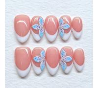 10 pièces d'ongles à coller faits main mignons en forme d'amande, base nude avec pointes blanches à la française & ornements à pois bleus 3D, ongles minimalistes doux réutilisables pour la rentrée sco