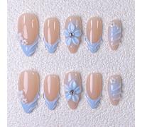 10 pièces d'ongles à porter faits main, faux ongles courts en forme d'amande, manucure française nude et bleu clair, ongles de contraste frais et doux, pointes françaises bleu clair gaufrées peintes à
