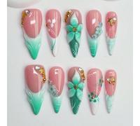 10 pièces d'ongles à presser de style Y2K Baddie de forme d'amande, faits à la main, couleurs nude et vert avec French tips, perles bulles, étoiles de mer, fleurs, gouttes d'eau, motifs sculptés, conv