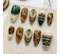 10 pièces d'ongles à presser faits à la main Y2K de forme amande moyenne, style bohème turquoise avec gemme et pointe française écaille de tortue avec charms pour ongles, ensemble de fournitures pour 