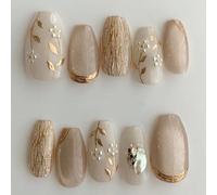 10 pièces d'ongles à presser faits main, forme cercueil moyenne couleur abricot, style Y2K, élégant vintage doux, abordable, art des ongles fleur d'œil de chat doré de luxe, convient aux femmes et aux