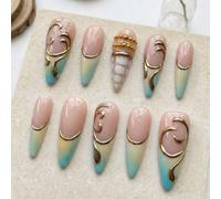 10 pièces d'ongles acryliques à coller faits main style Y2K longs et effilés, avec tourbillon doré 3D et dégradé océan, French tip, ensemble de fournitures pour ongles amovibles et réutilisables (coll