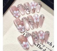 10 pièces d'ongles acryliques pressés à la main avec œil de chat rose, fleurs 3D en gouttes de rosée, diamants écrasés. Fleurs peintes à la main tendres et douces pour le printemps et l'été, en forme 