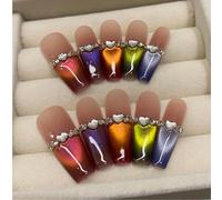 10 pièces d'ongles faux luxueux français, gradient de couleur vibrant dopamine, yeux de chat brillants avec strass. Ongles extra longs de forme trapézoïdale à couverture intégrale et amovibles. Manucu