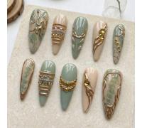 10 pièces d'ongles stiletto longs faits à la main, tourbillon d'or liquide Y2K et pointe française à anneaux empilés avec breloques pour ongles, ensemble de fournitures pour ongles amovibles et réutil