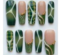 10 pièces Embouts d'ongles en acrylique rectangulaires faits main style Y2K/Punk, imprimé animal abstrait vert printemps et tourbillon doré avec motif de ligne grise, ensemble d'art des ongles amovibl