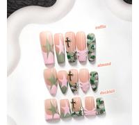 10 pièces Ensemble d'art pour les ongles de style sous-culture doux et à la mode, comprenant un kit de manucure en gel, une croix dorée, des étoiles roses et vertes peintes à la main, des vagues de co