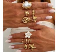 10 pièces Ensemble de bagues style bohème de vacances avec fleurs à gouttes d'huile et étoiles de mer, bagues empilables en alliage fleur océan style fille douce et cool Ins, bijoux exquis pour cadeau