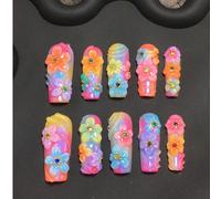 10 pièces Ensemble de faux ongles style Y2K carrés faits à la main, avec des morceaux d'ongles de 33 mm de long. La couleur de base est créée avec des ongles jaunes, oranges et bleus aurore. Il est as