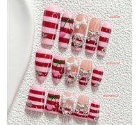 10 pièces Faux ongles à coller de style unique et doux, ensemble d'art des ongles en polygel, décoration de nœud, cœur creux, rayures, cerise, schéma de couleurs rouge & rose, style de contraste accro
