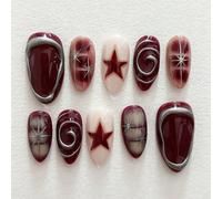 10 pièces Faux ongles à coller faits main vintage Y2K, embouts d'ongles acryliques de forme amande moyenne, bordeaux brillant miroir et nude avec étoile argentée et art tourbillon, convient pour le st