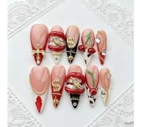 10 pièces Faux ongles acryliques réutilisables style Y2K Baddie, longs en amande, French tip, avec chaîne, strass, lèvres rouges 3D et cerise, pour rentrée scolaire, mains, vacances, tenues de vacance