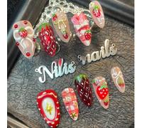 10 pièces Faux ongles décoratifs en forme d'amande 3D recouverts de chrome, style Y2K. Exprimez votre amour ; Ensemble de stickers pour ongles décoratifs vintage punk rouge et blanc, style bohème prin
