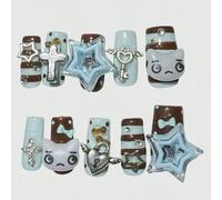 10 pièces Faux ongles gris Y2K Millennial Babes Pentagramme Kawaii Doux Mignon Expression de chat Rétro Pois Rayures Série Mine Production de masse Pur Porté à la main LettresABS