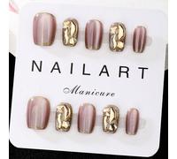 10 pièces Faux ongles rose gold de forme trapézoïdale moyenne, design élégant fait main, style français haut de gamme, vernis gel, effet brillant, effet œil de chat, éclat métallique, faux ongles couv