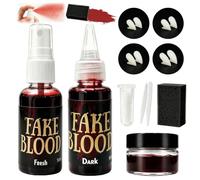10 Pièces Halloween Faux Sang Lavable +Dent de Vampire Kit Maquillage | 4 Paires Dents Vampire con Pince Epiler, Faux Sang Spray+ Sang Coulant+Sang gel Coagulé pour Halloween Zombie Vampire Cosplay
