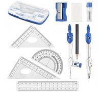 10 Pièces Kit pour Mathématiques, Kit Geometrie Compass inclut des Compas, Pencil Recharges, Règles, Gomme, Rapporteur et Boîte de Rangement, Ensembles de Géométrie Dessin Compas (Bleu)