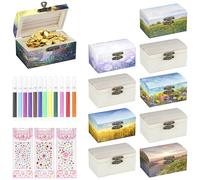 10 Pièces Mini coffre au trésor, petite boite en bois Avec couvercle, boite en bois avec 3 Autocollants et 12 Stylos Aquarelle et 4 Pochoirs Peinture pour Bricolage